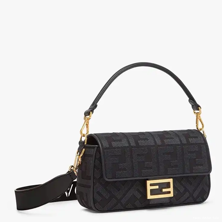 Cheap Cut Motif Bag FF Fendi In Canvas Strap with Medium Baguette Black Laser 0626